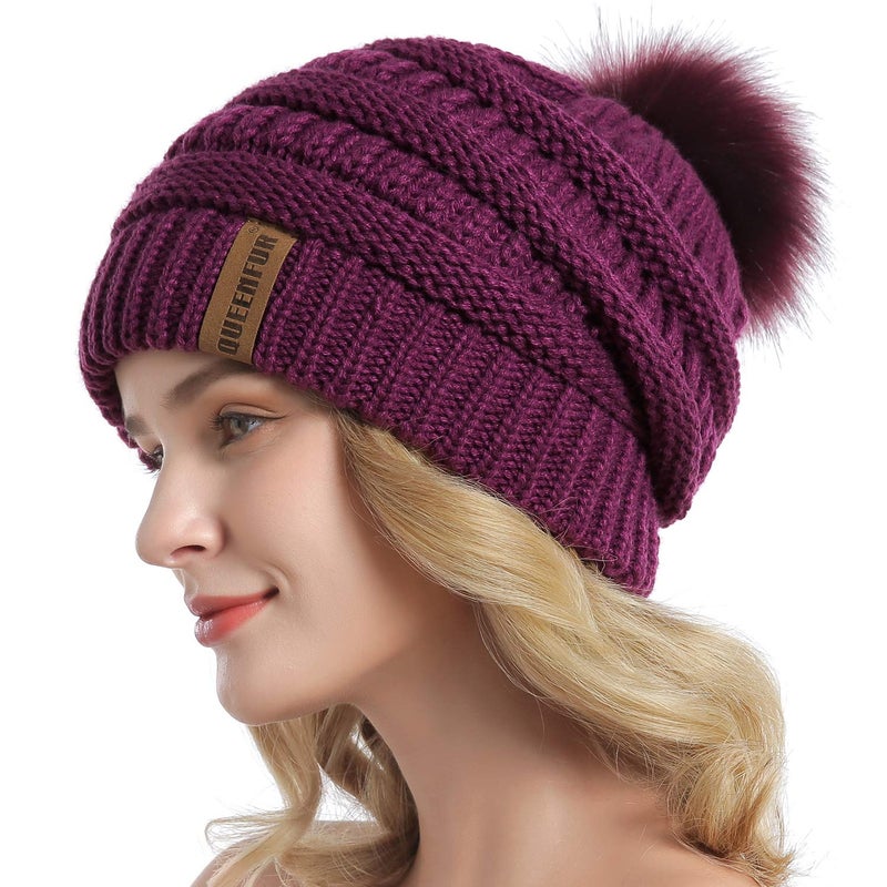 QUEENFUR Women Knit Slouchy Beanie Chunky Baggy Hat with Faux Fur Pompom Winter Soft Warm Ski Cap - Image 3